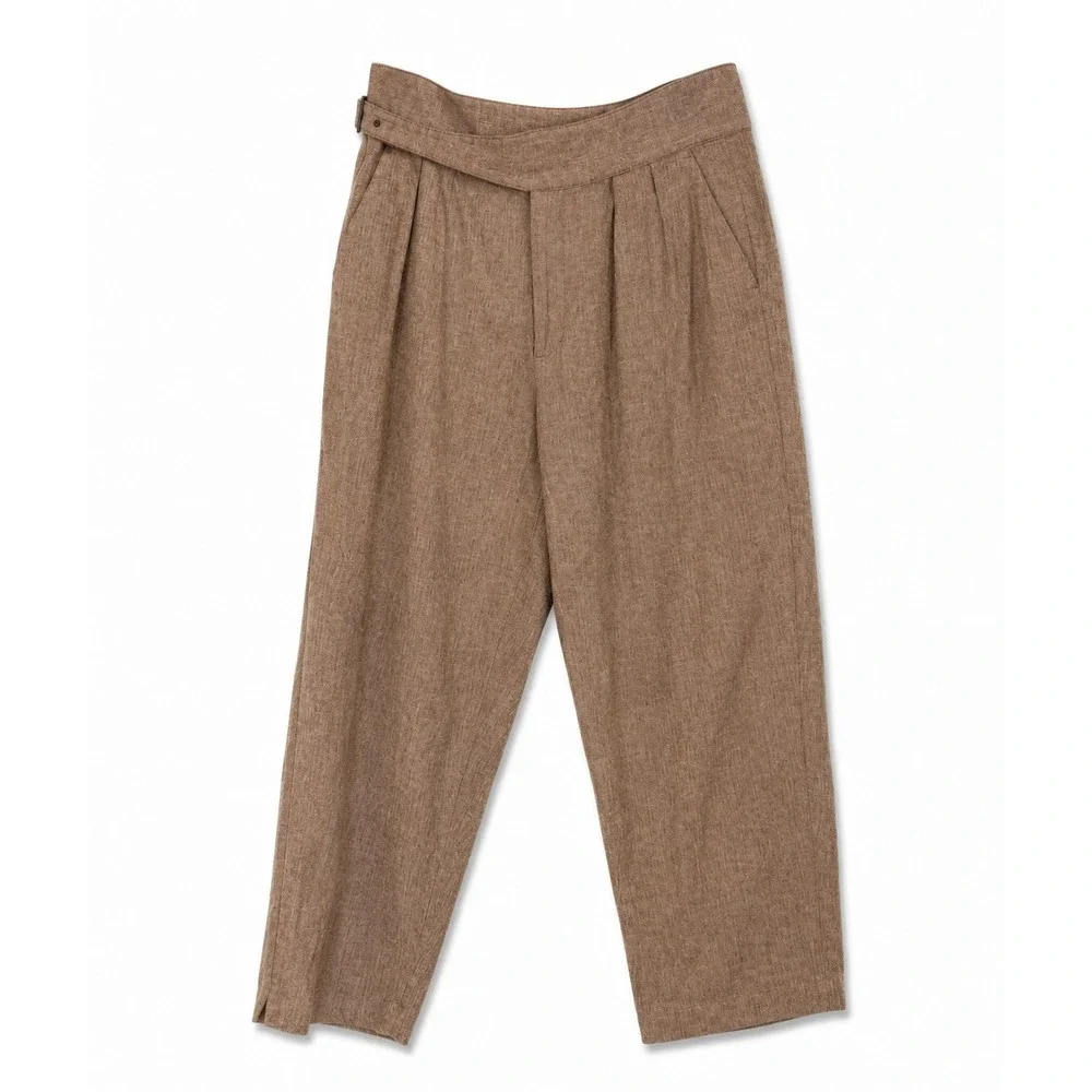 Banana Republic Herringbone Linen Blend Pants‎ Womens 14 Brown Pleated Quiet Lux